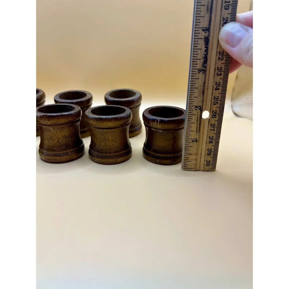 Vintage Dark Wood Napkin Rings Set of 8 Spool Hourglass Shape Brown Rustic Decor